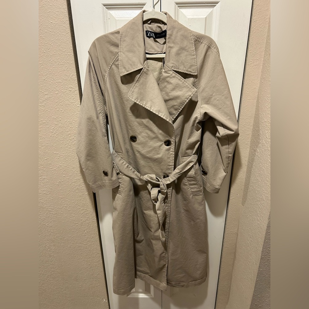 Zara Beige Trench Coat with Brown Sweater Accent - Picture 5 of 8